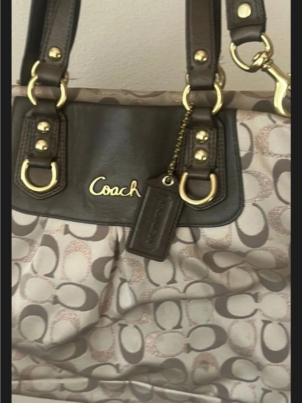 Coach Ashley multi color Signature Brown Leather-Trim Shoulder Bag